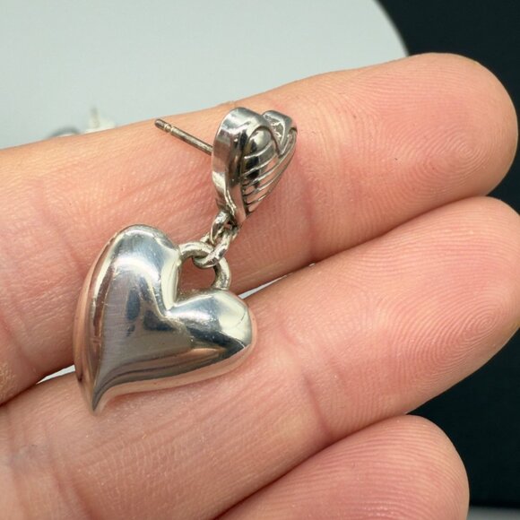 Silver Tone Double Puffy Heart Drop Dangle Pierced Post Earrings 1" - Picture 7 of 8